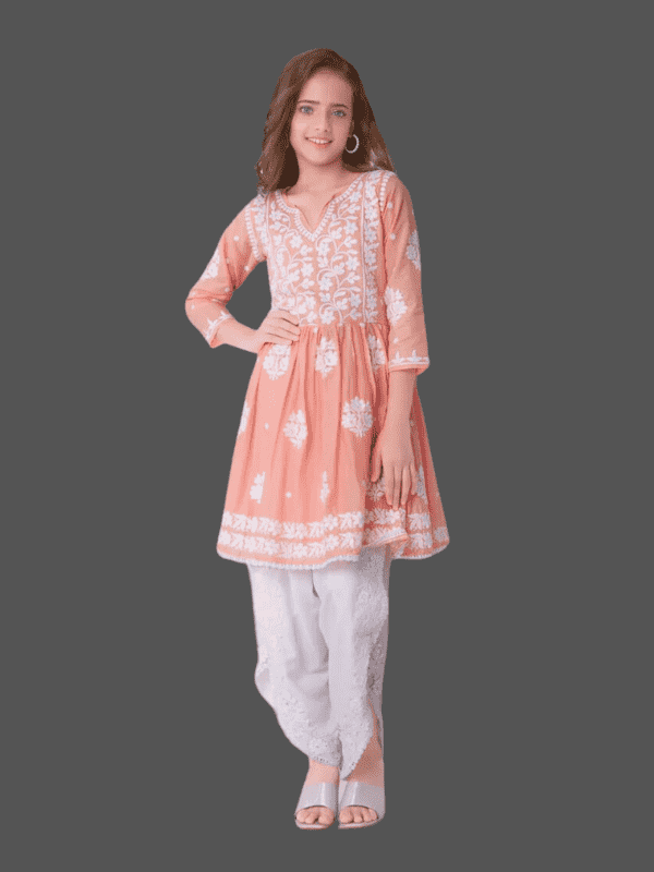 Girls' Peach/Coral Chikankari Embroidered Peplum Kurti and Dhoti Set