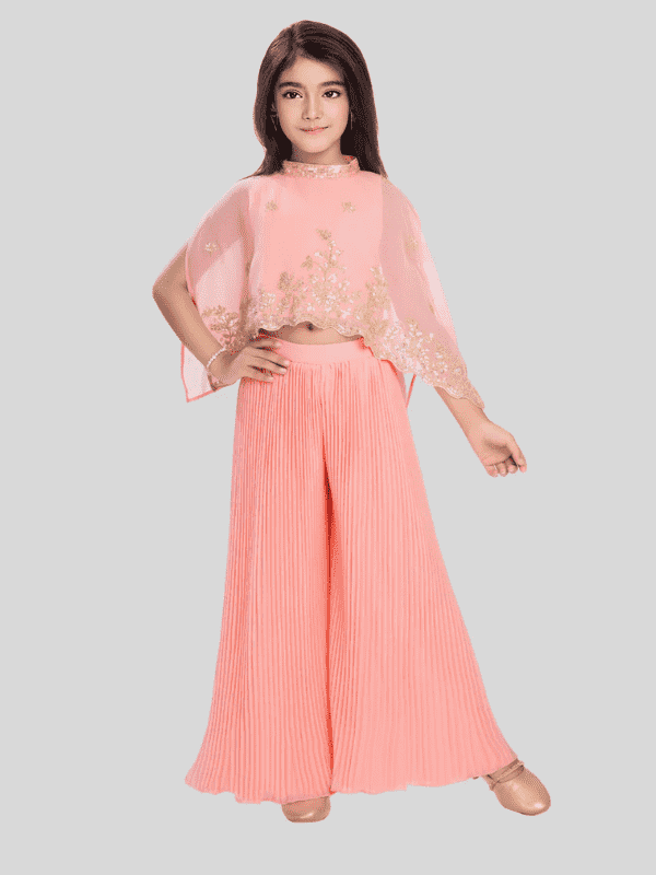 Girls Traditional Sleeves Less Plazo Set - Peach