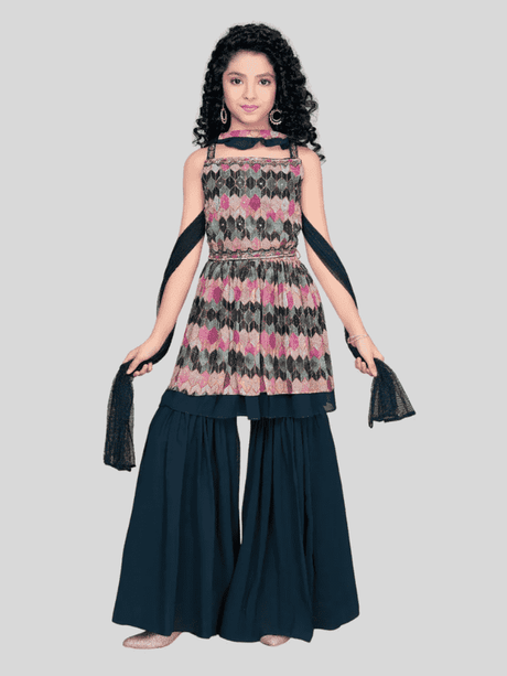 Girls' Festive Multicolored Printed Sleeveless Asymmetric Top and Palazzo Set