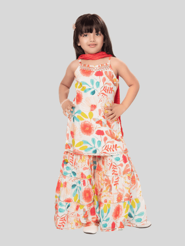 Girls Traditional Sleeves Less Ghagara Set - Cream