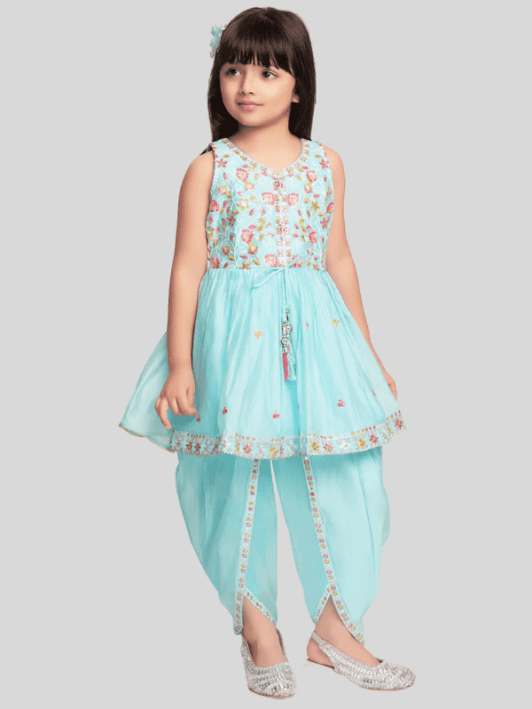 Girls Traditional Sleeves Less Dhoti Set - Blue