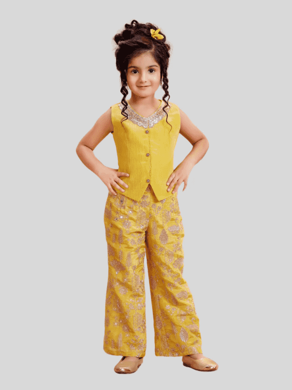 Girls Traditional Sleeves Less Plazo Set - Yellow