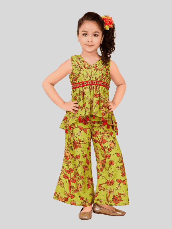 Girls Traditional Sleeves Less Plazo Two Pcs Set - Green