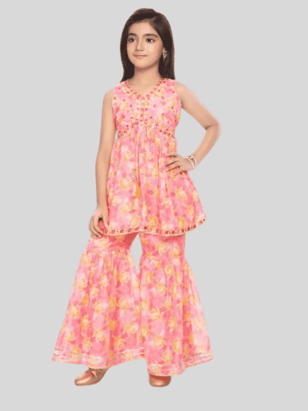 Girls Traditional Sleeves Less Sharara Set - Peach