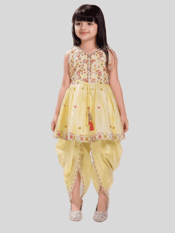 Girls' Pastel Yellow Peplum Kurti and Dhoti Set with Floral Yoke