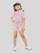 Girls Casual Stripes Half Sleeves Short Set - Pink