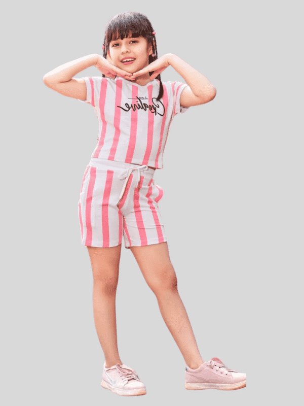 Girls Casual Stripes Half Sleeves Short Set - Pink