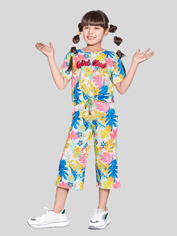 Girls Casual Printed Half Sleeves Track Pant Set - Orange