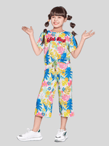 Girls Casual Printed Half Sleeves Track Pant Set - Orange