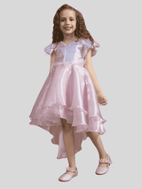 Girls Party Satin Party Frock With Work - Pink