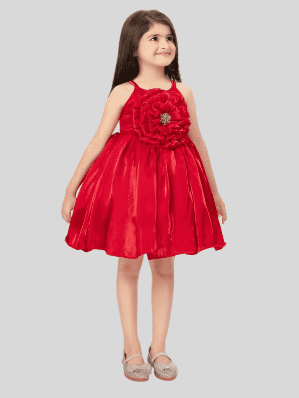 Girls Party Plain Satin Party Frock - Red