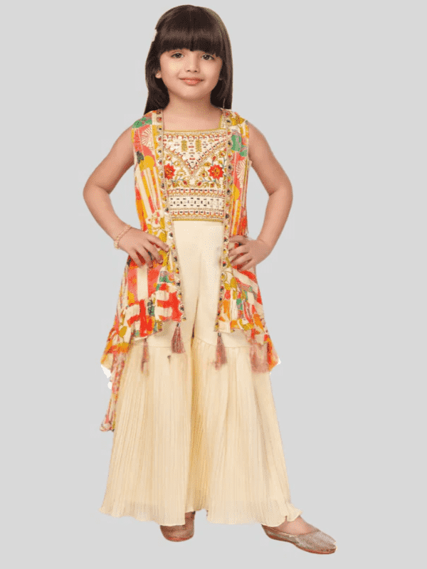 Girls Traditional Sleeves Less Sharara Set - Cream