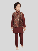 Boys Traditional Printed Chudidar Kurta with Koti - Maroon