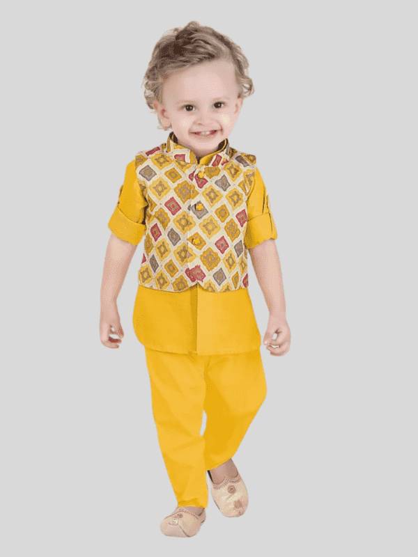 Boys Traditional Printed Chudidar Kurta with Koti - Yellow