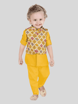 Boys Traditional Printed Chudidar Kurta with Koti - Yellow