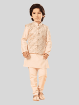 Boys Traditional Self Design Chudidar Kurta with Koti - Cream
