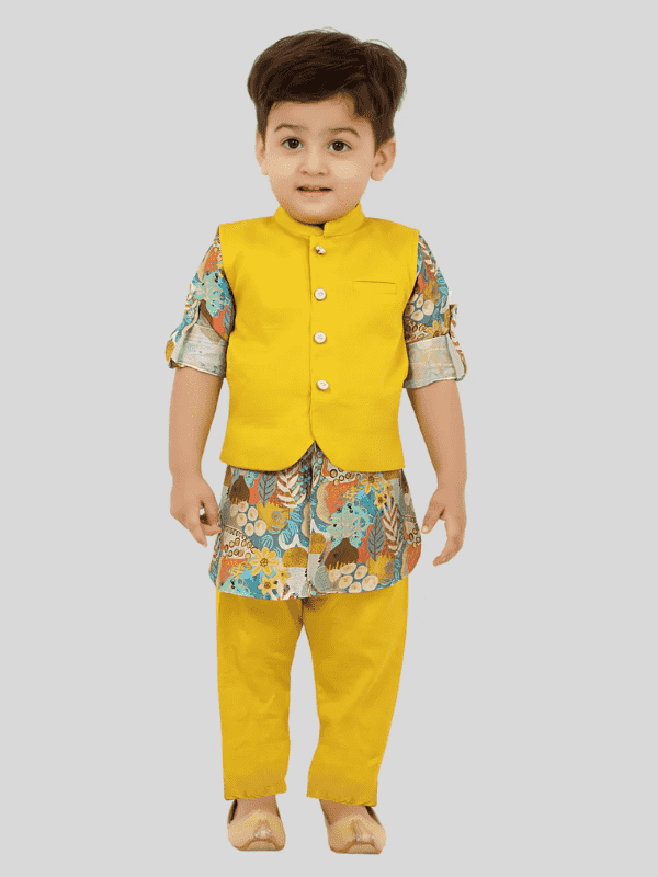 Boys Traditional Printed Chudidar Kurta with Koti - Green