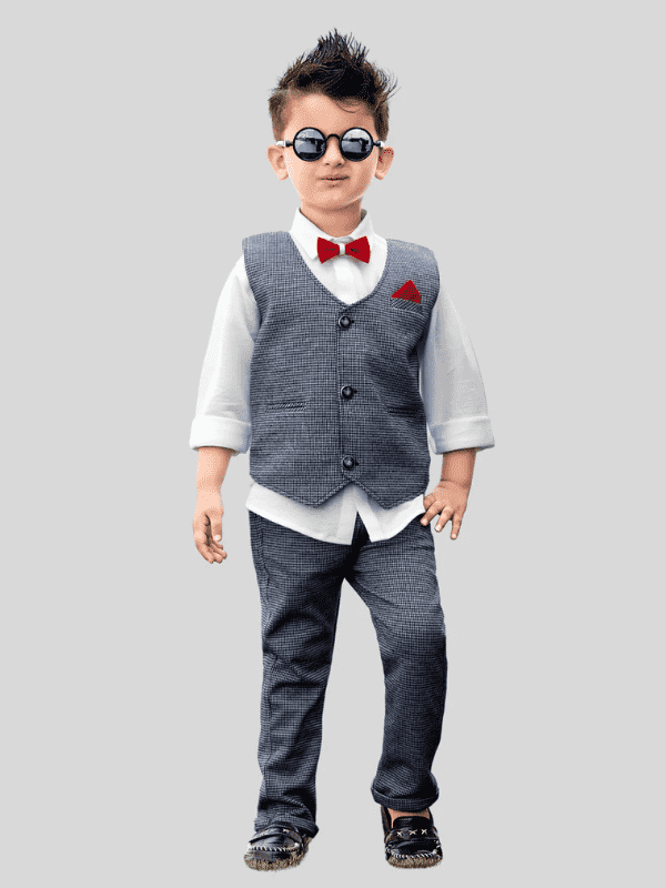 Boys Casual Party Full Sleeves 3 Pcs Suit Set - Blue