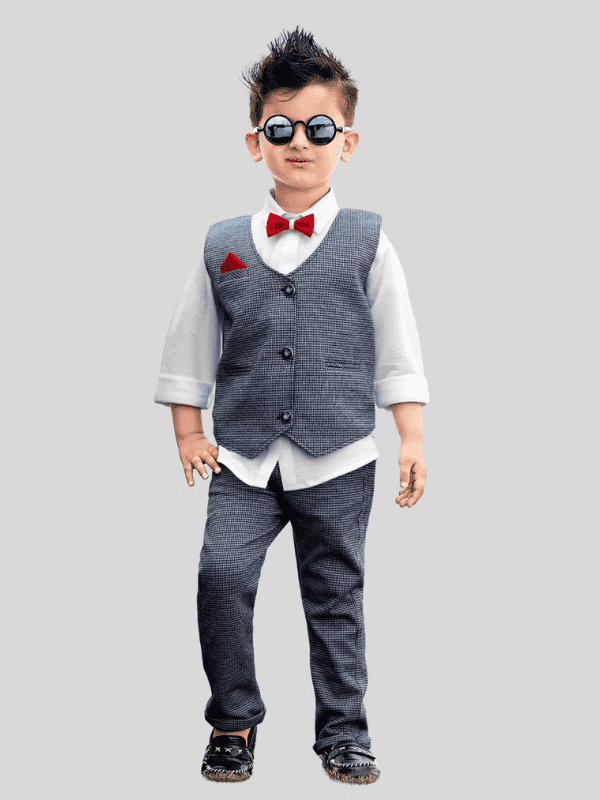Boys Casual Party Full Sleeves 3 Pcs Suit Set - Blue