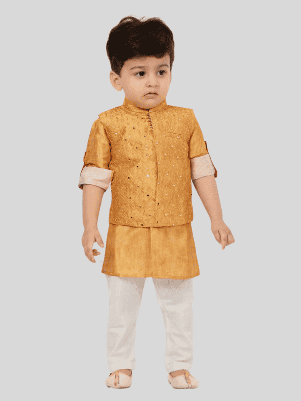 Boys Traditional With Work Chudidar Kurta with Koti - Yellow
