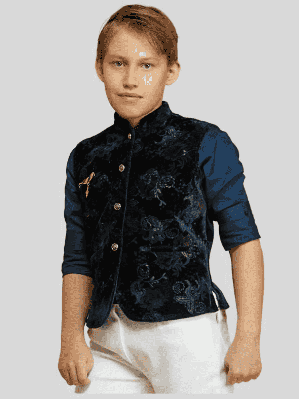 Boys Party Waist Coat with Shirt V Neck-Navy Blue