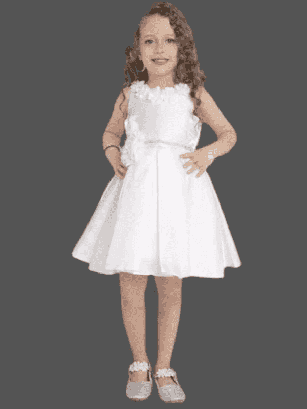 Girls Party Satin Party Frock With Work - White