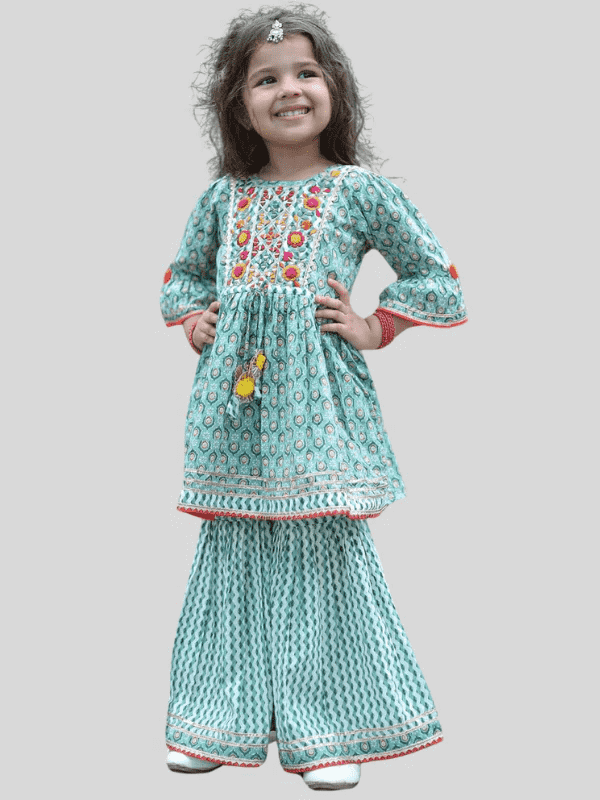Girls Traditional 3/4th Sleeves Sharara Set - Green