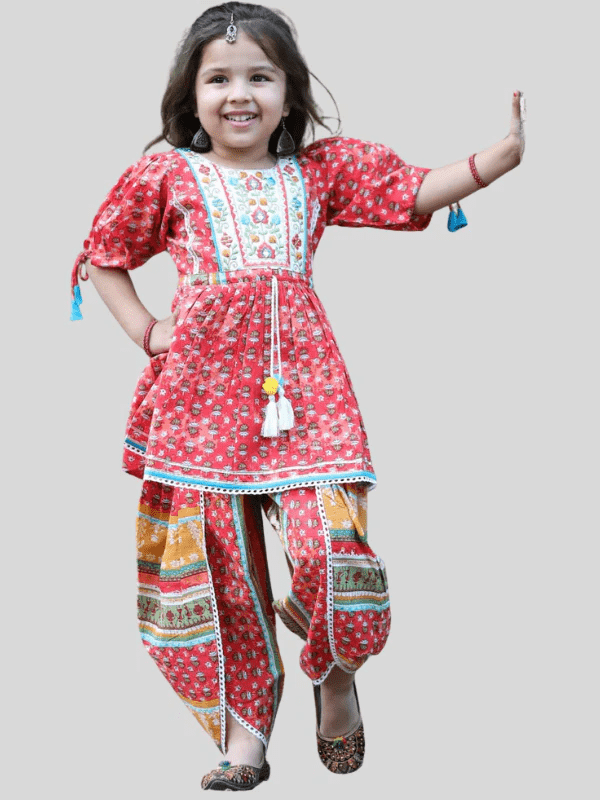 Girls' Traditional Red Floral Print Peplum Top and Dhoti Pant