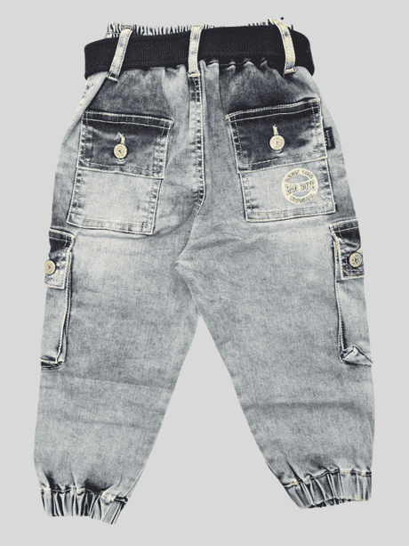 Boys Casual Plain Jeans Joggers With Rib - Blue