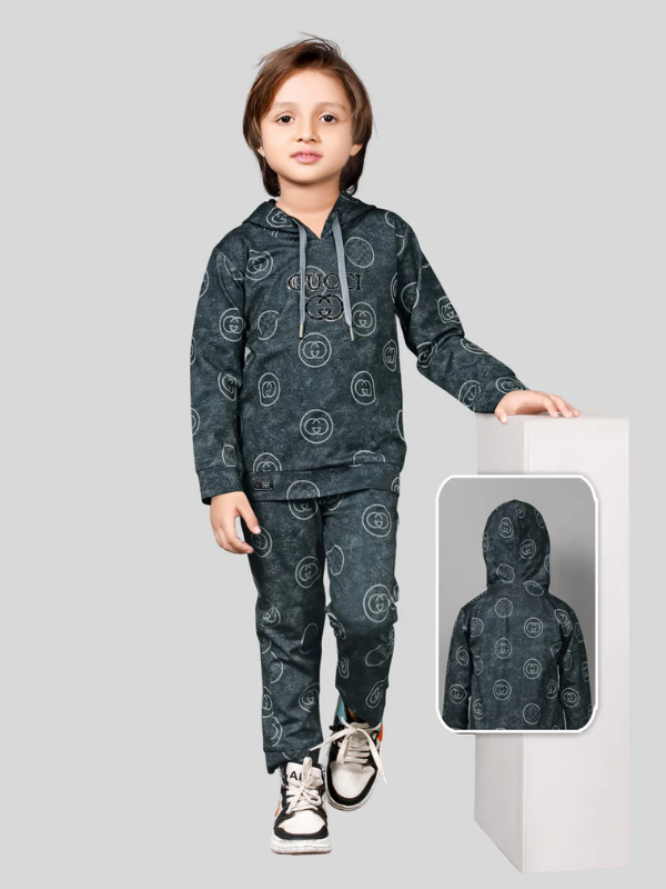 Boys Casual Coordinate Sets Printed Full Sleeves Track Pant Set - Grey