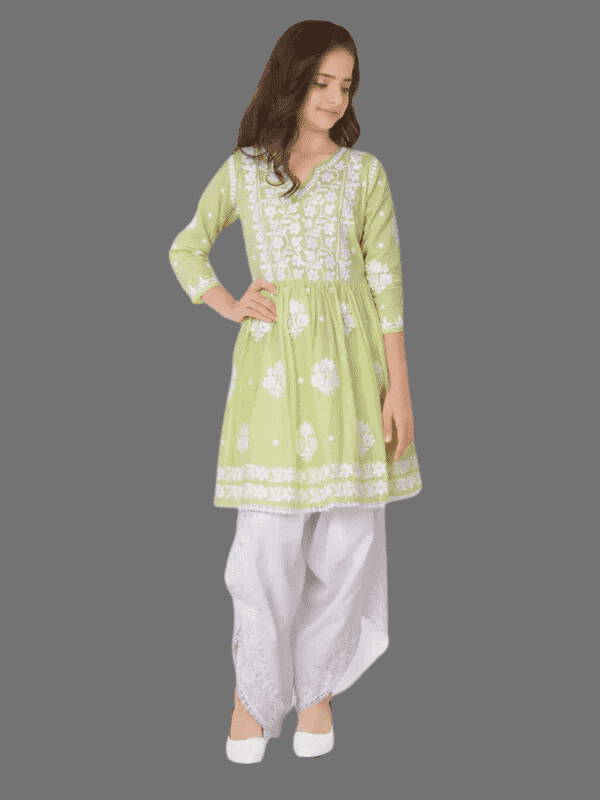 Girls' Lime Green Chikankari Embroidered Peplum Kurti and White Dhoti Set