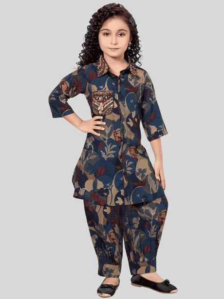 Girls' Festive Aqua Blue Kurti and White Patiyala Set