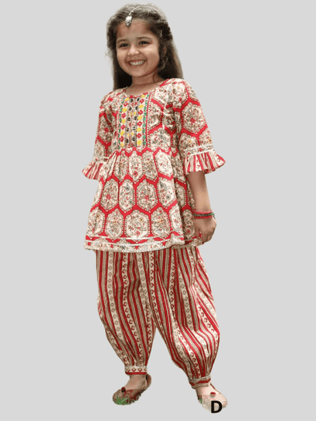 Girls' Traditional Red Block Print Peplum Top and Patiala Set