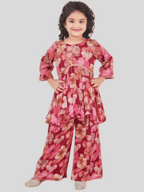 Girls' Festive Rani Pink Tunic Top and Printed Sharara/Palazzo Set