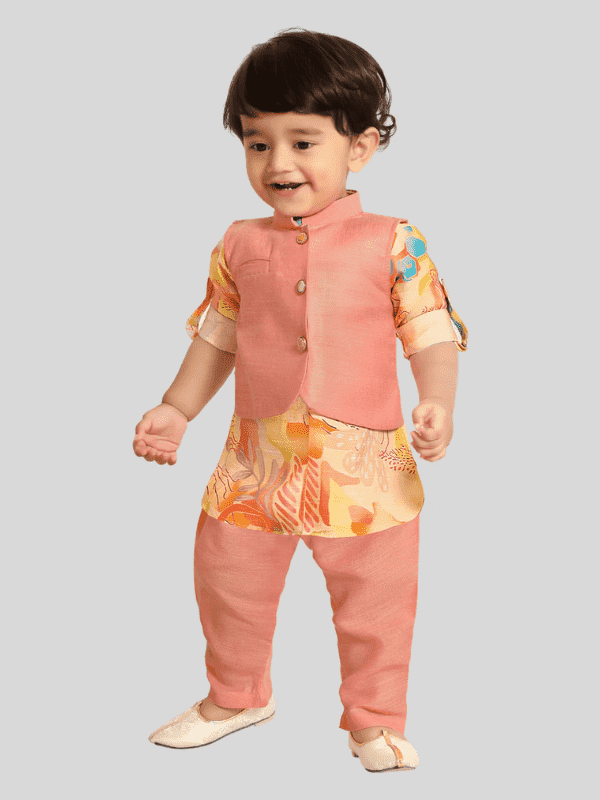 Boys Traditional Printed Chudidar Kurta with Koti - Peach