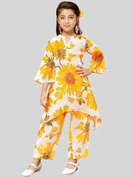 Girls' Casual White and Yellow Asymmetric Top and Palazzo Set