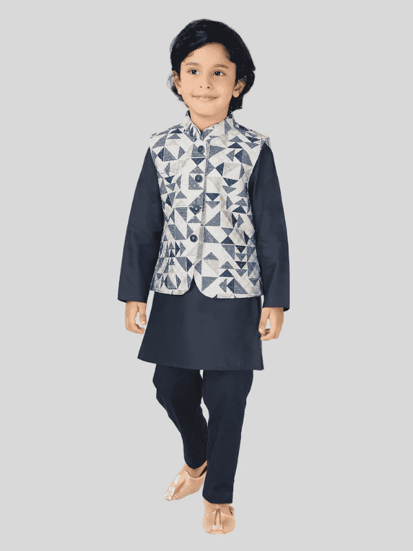 Boys Traditional Printed Chudidar Kurta with Koti - Navy Blue