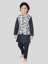 Boys Traditional Printed Chudidar Kurta with Koti - Navy Blue