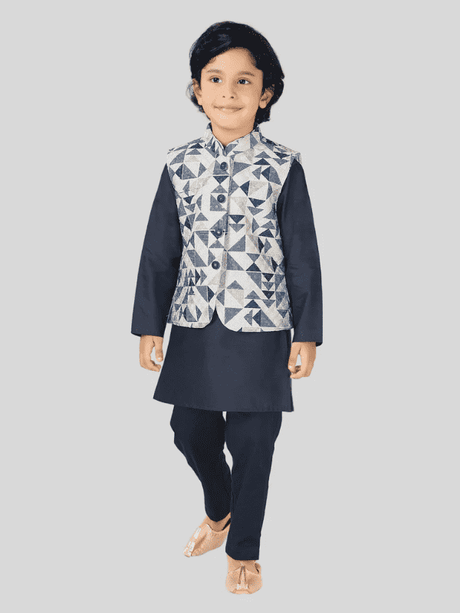 Boys Traditional Printed Chudidar Kurta with Koti - Navy Blue