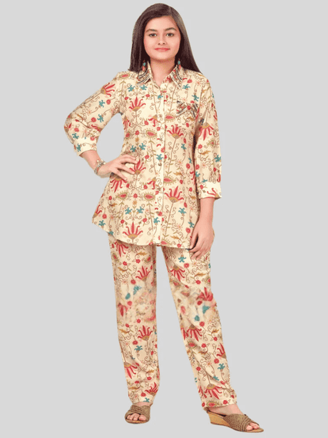 Girls' Casual Chic Cream Floral Print Tunic and Straight Pant Set