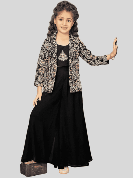 Girls' Sophisticated Black Palazzo Set with Embroidered 3/4-Sleeve Jacket