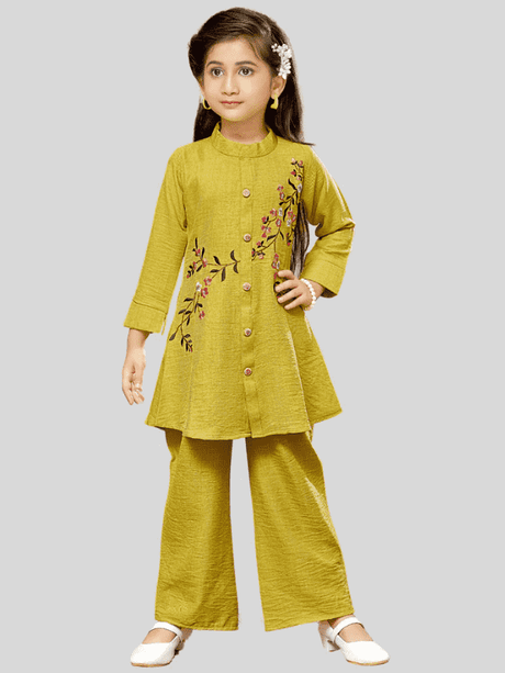 Girls' Casual Olive Yellow Full-Sleeve Tunic Top and Palazzo Set