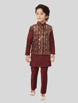 Boys Traditional Printed Chudidar Kurta with Koti - Maroon