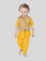 Boys Traditional Printed Chudidar Kurta with Koti - Yellow