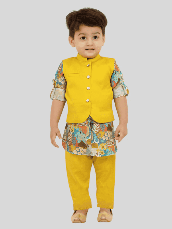 Boys Traditional Printed Chudidar Kurta with Koti - Green