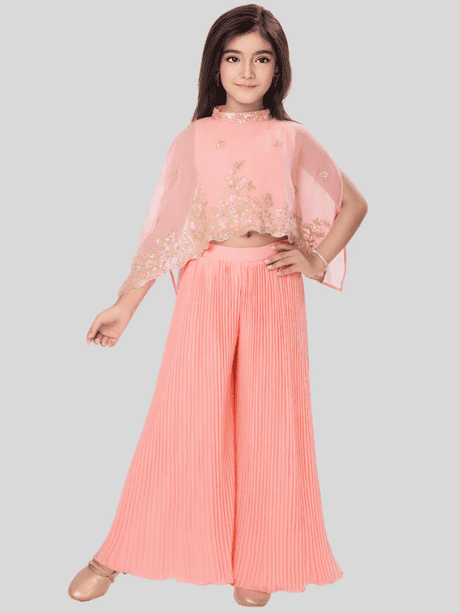 Girls' Elegant Peach Cape Top and Pleated Palazzo Set with Gold Embroidery