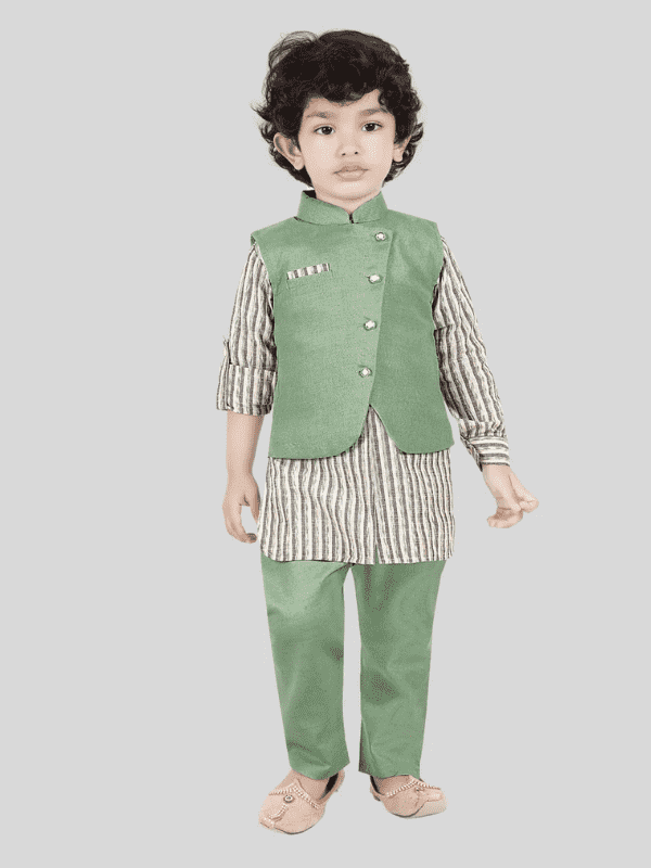 Boys Traditional Neuron Plain Chudidar Kurta with Koti - Green