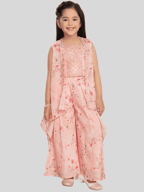 Girls' Casual Peach Floral Print Sleeveless Top and Flowy Palazzo Set with Sheer Cape