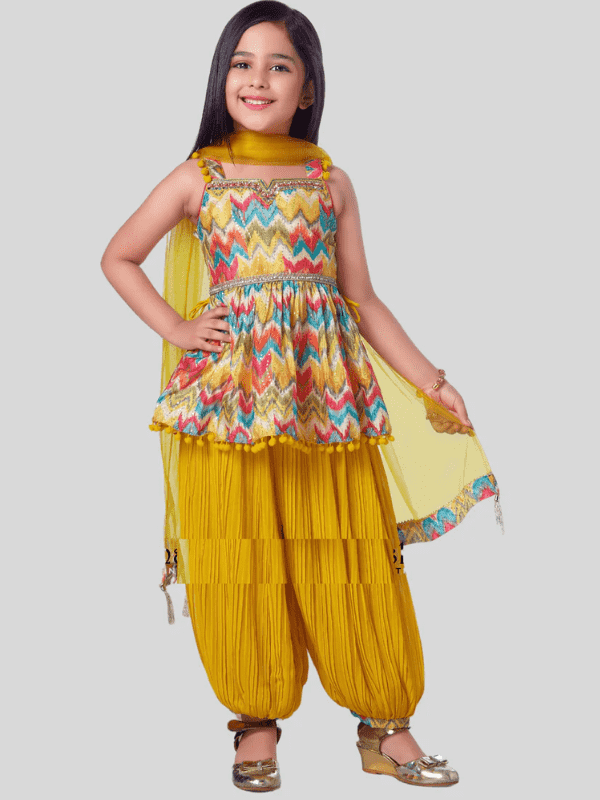 Girls Traditional Sleeves Less Afghani Set - Yellow.