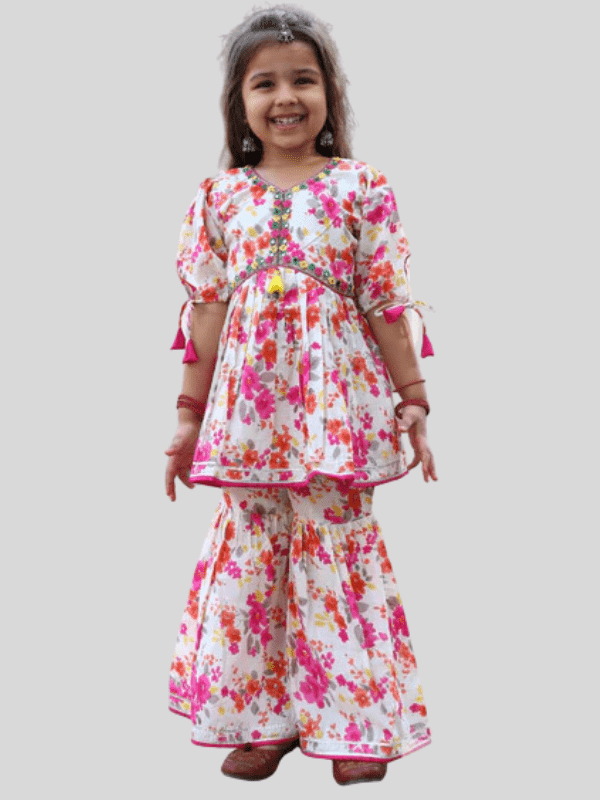 Girls Traditional Half Sleeves Sharara Set - Pink